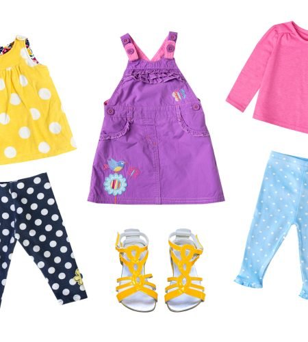 Bright modern baby child girl clothes set isolated.Collage of kid's wear.